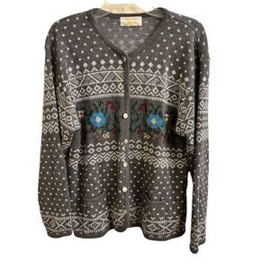 Tally-Ho Acrylic Fair Isle Floral Cardigan Sweater Button Down Vtg Size Large Co